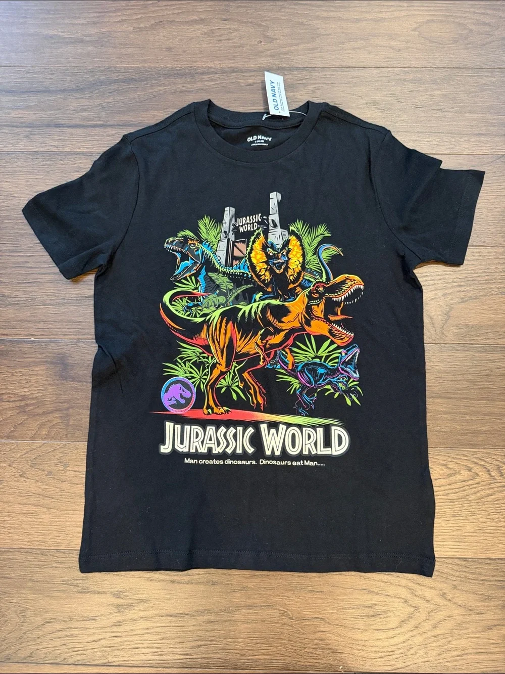 Old Navy Black Jurassic World Neon Dinosaur Graphic Tee Size Large 10/12 NWT- P3